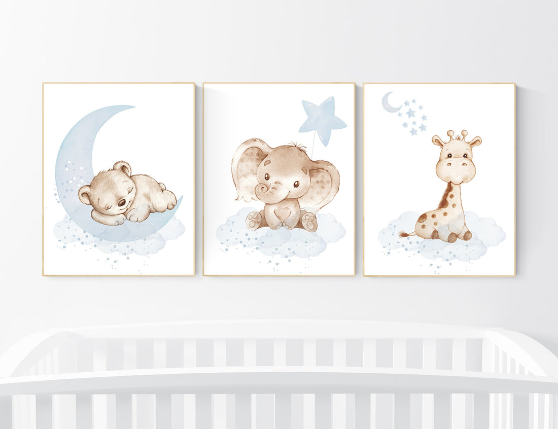 Nursery wall art animals, baby room decor blue gray, baby room decor bear, elephant, giraffe, animal nursery decor, nursery prints