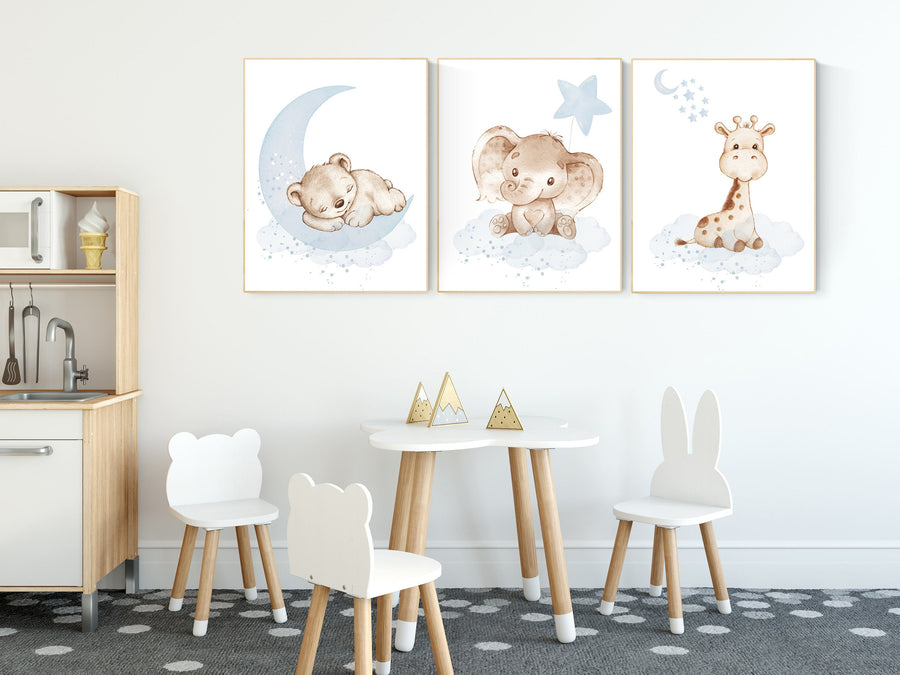 Nursery wall art animals, baby room decor blue gray, baby room decor bear, elephant, giraffe, animal nursery decor, nursery prints
