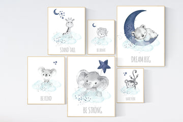 Animal prints, boy nursery decor, navy teal, elephant, giraffe, bear, lion, koala, monkey, navy teal nursery, animal nursery, nursery prints
