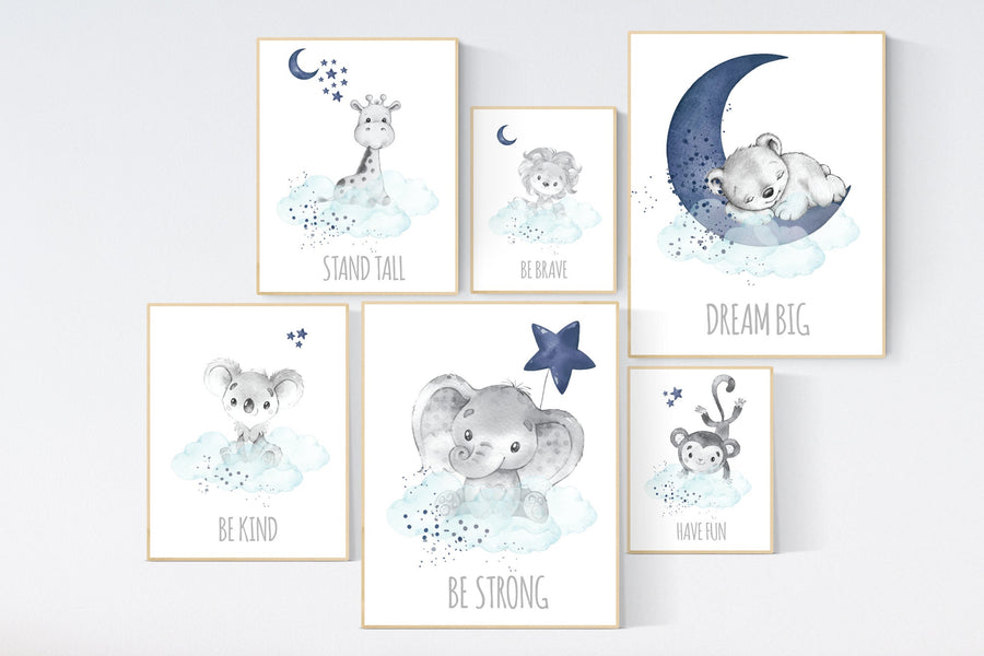 Animal prints, boy nursery decor, navy teal, elephant, giraffe, bear, lion, koala, monkey, navy teal nursery, animal nursery, nursery prints