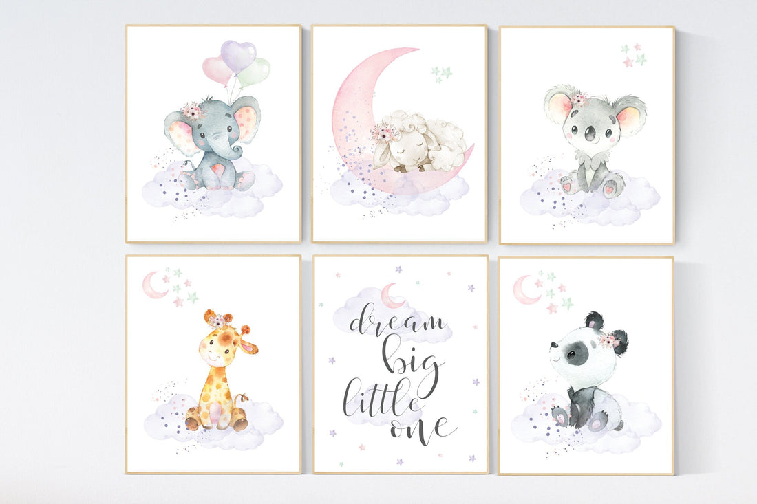 Nursery decor floral jungle, nursery decor animals, Nursery wall art girl elephant, giraffe, bear, pink, purple, girl nursery wall decor