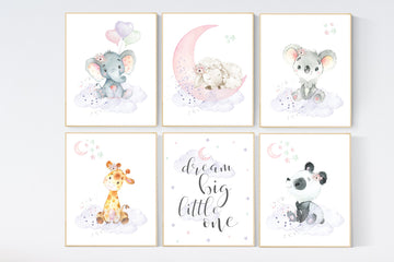 Nursery decor floral jungle, nursery decor animals, Nursery wall art girl elephant, giraffe, bear, pink, purple, girl nursery wall decor