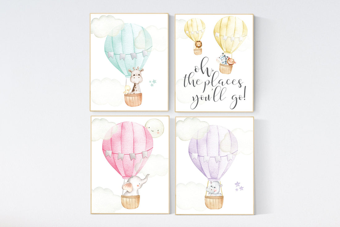 hot air balloon nursery wall art, nursery decor animals, elephant, giraffe, bear, bunny, gender neutral, twin, elegant, baby registry