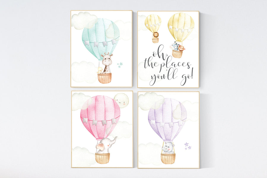 hot air balloon nursery wall art, nursery decor animals, elephant, giraffe, bear, bunny, gender neutral, twin, elegant, baby registry
