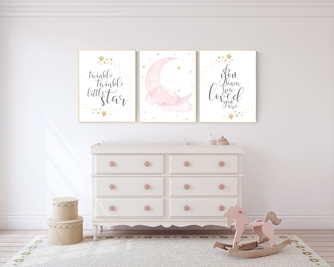 Twinkle twinkle little star, Nursery wall art girl pink gold, baby room decor girl gold and pink, cloud and stars, baby room, moon print