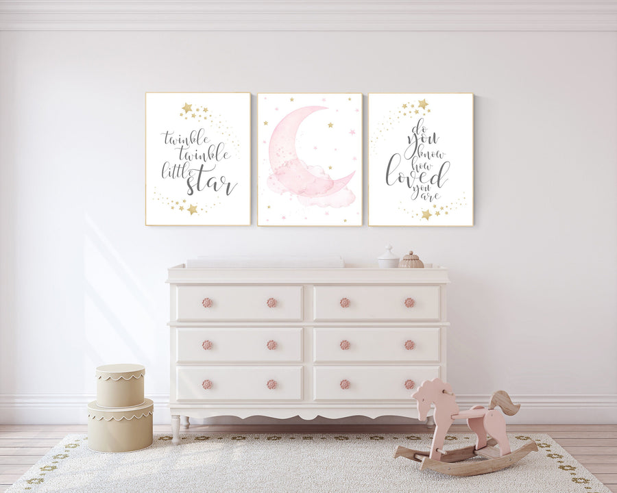 Twinkle twinkle little star, Nursery wall art girl pink gold, baby room decor girl gold and pink, cloud and stars, baby room, moon print