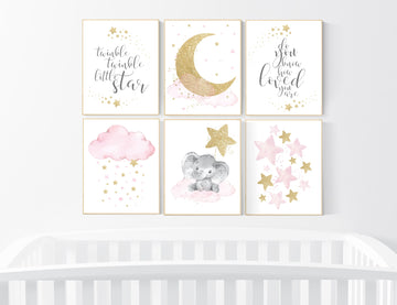 Pink gold nursery, girl room wall art, baby nursery wall art, moon and stars, pink and gold, Nursery decor girl, nursery decor elephant