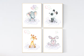 Nursery decor floral jungle, nursery decor animals, Nursery wall art girl elephant, giraffe, bear, pink, purple, girl nursery wall decor