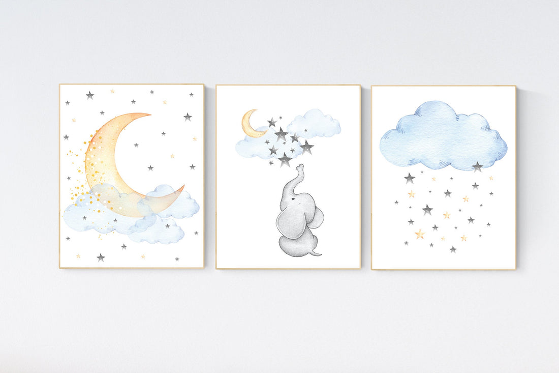 Nursery wall art gender neutral, moon nursery, yellow and blue, elephant nursery, nursery decor neutral, moon and stars, baby room decor