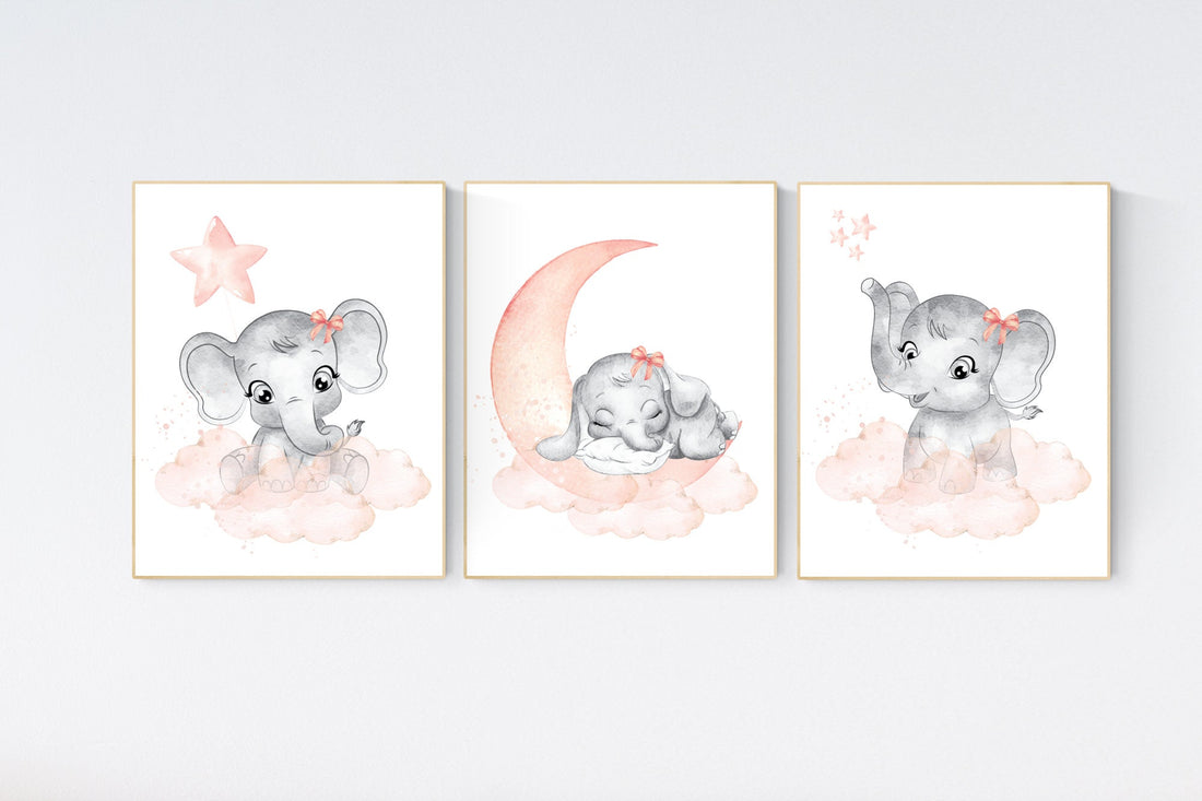 Nursery decor elephant, peach nursery, elephant nursery print, nursery wall art animals, girl nursery, coral nursery, nursery wall decor