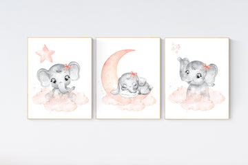 Nursery decor elephant, peach nursery, elephant nursery print, nursery wall art animals, girl nursery, coral nursery, nursery wall decor