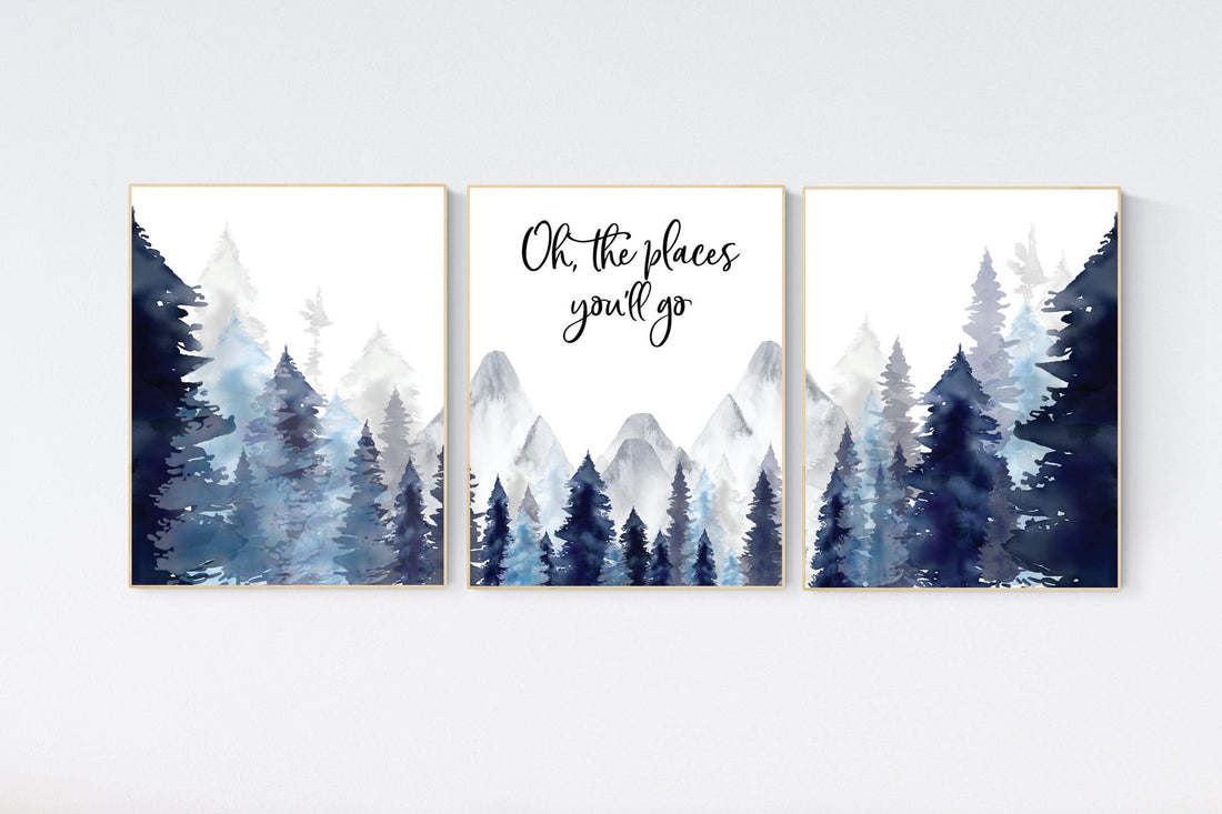 Nursery decor woodland, mountain wall art, tree nursery decor, adventure theme nursery, forest, navy and baby blue, woodland animals