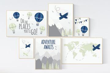 Adventure nursery decor, Nursery decor boy mountains adventure, nursery decor boy airplane, world map, adventure awaits, navy green