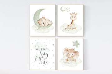 Nursery wall art animals, green nursery, gender neutral nursery, sage green, baby room decor, bear, elephant, giraffe, dream big little one