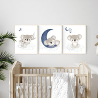 Navy nursery decor, koala nursery, moon and stars, navy blue nursery art, nursery prints animals, boy nursery decor, koala mother and baby