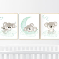 Koala nursery, mint nursery, moon and stars, mint green nursery art, nursery prints animals, gender neutral nursery, koala mother and baby