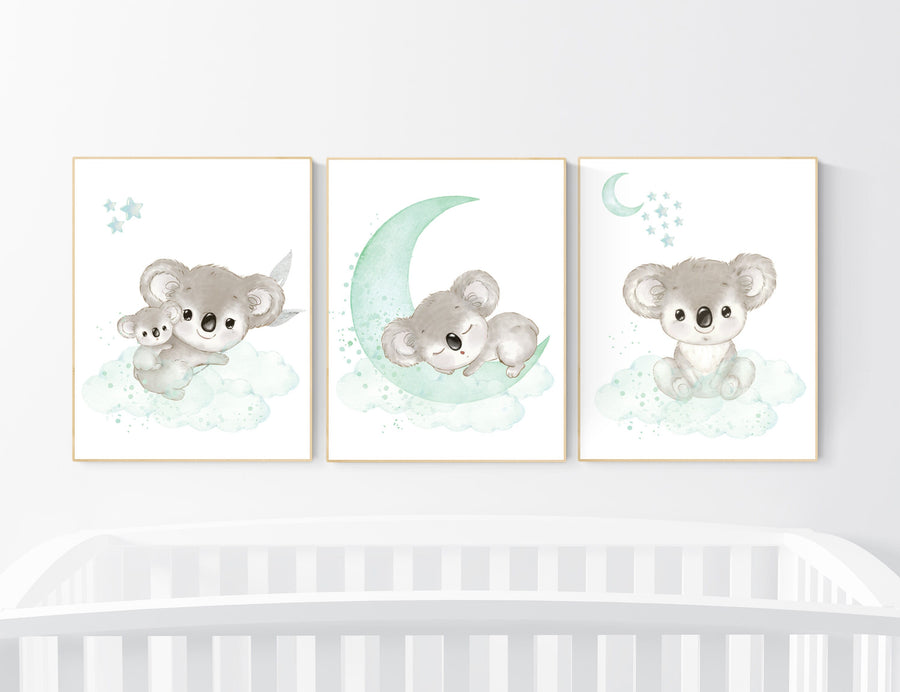 Koala nursery, mint nursery, moon and stars, mint green nursery art, nursery prints animals, gender neutral nursery, koala mother and baby