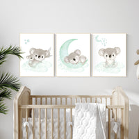 Koala nursery, mint nursery, moon and stars, mint green nursery art, nursery prints animals, gender neutral nursery, koala mother and baby