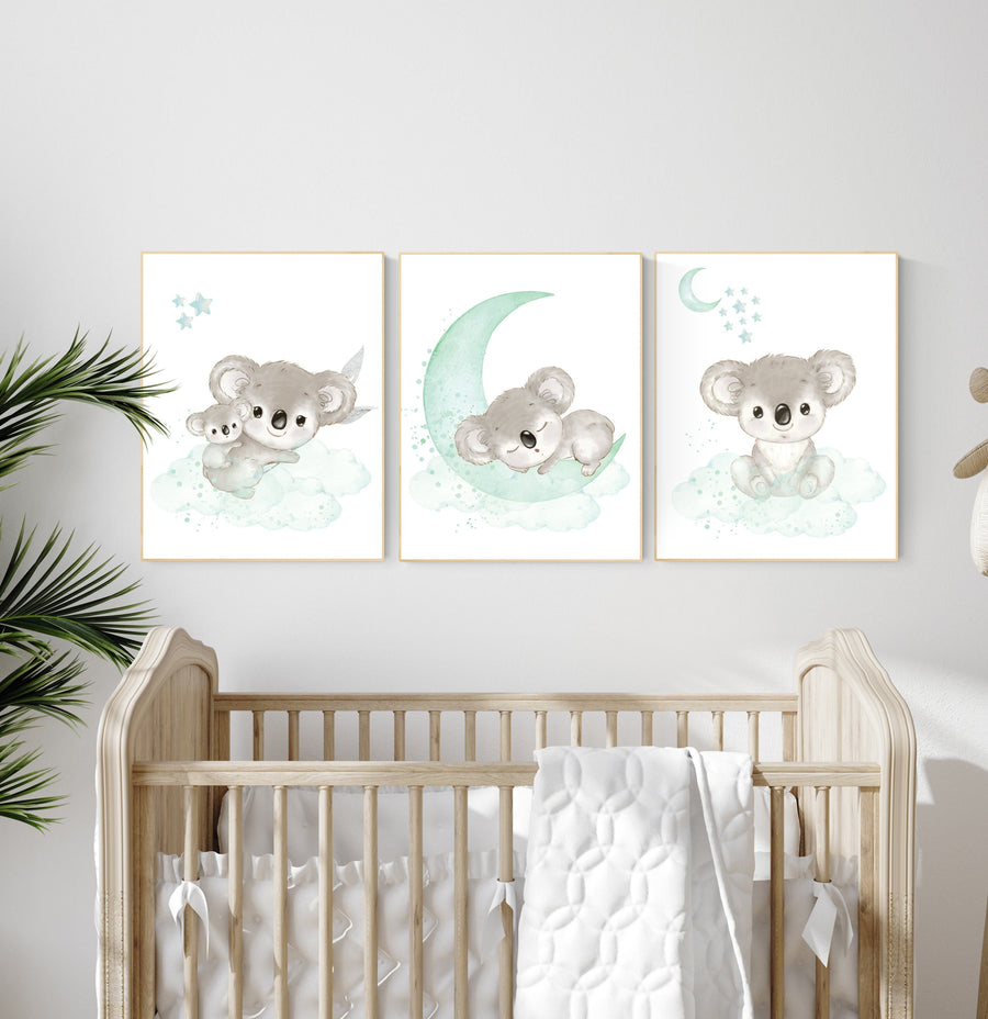 Koala nursery, mint nursery, moon and stars, mint green nursery art, nursery prints animals, gender neutral nursery, koala mother and baby