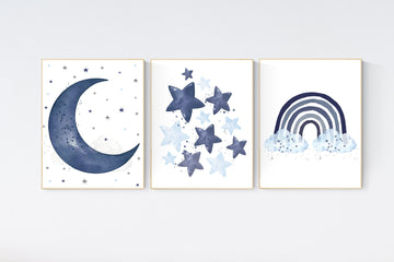 Navy nursery decor, cloud and stars, moon and stars, navy blue nursery art. baby room wall art, boy nursery decor, set of 3, nursery art