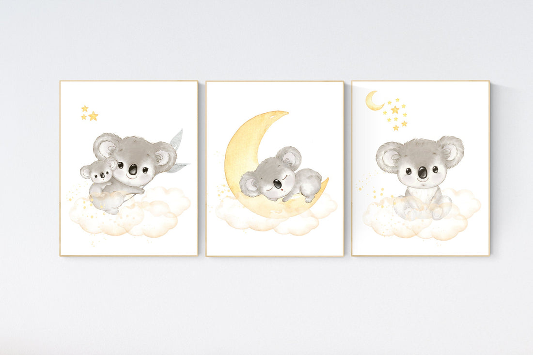 Koala nursery, yellow nursery, moon and stars, yellow gray nursery art, nursery prints animals, gender neutral nursery, koala mother