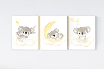 Koala nursery, yellow nursery, moon and stars, yellow gray nursery art, nursery prints animals, gender neutral nursery, koala mother