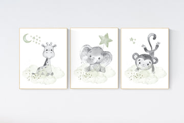 Sage green nursery decor, elephant, giraffe, monkey, gender neutral prints, nursery wall art, animal prints, green nursery wall art