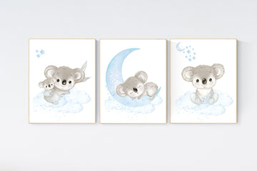 Koala nursery, boy nursery decor, baby blue nursery art, nursery prints animals, boy nursery decor, koala mother and baby, blue and gray