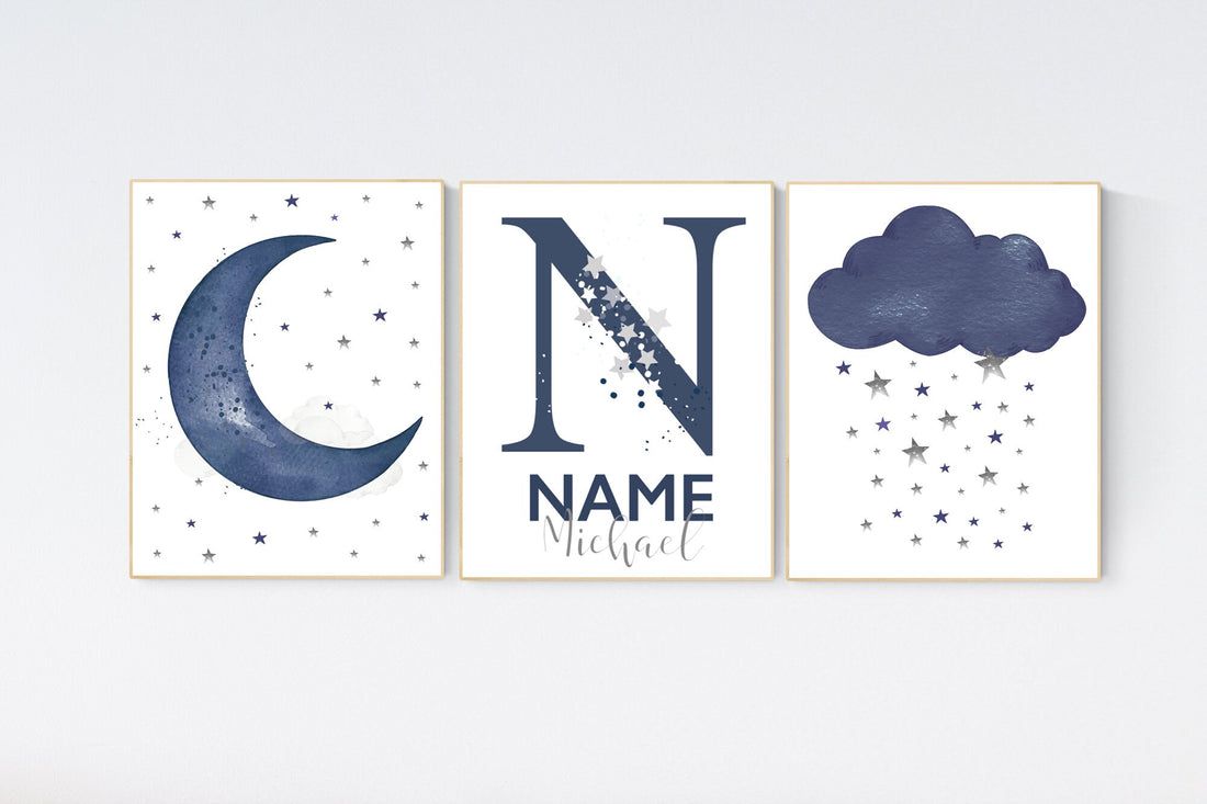 Navy nursery decor, cloud and stars, moon and stars, navy blue nursery art. baby room wall art, boy nursery decor, set of 3, nursery art