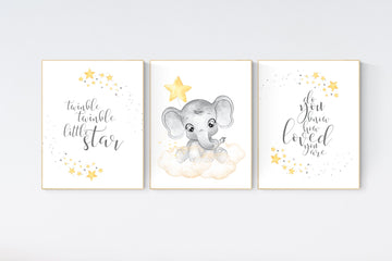 Nursery decor neutral, Yellow nursery, nursery wall art elephant, moon, stars, gender neutral, yellow and gray nursery art, baby room art