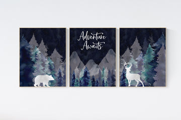 Nursery decor woodland, mountain wall art, tree nursery decor, adventure theme nursery, forest, navy and teal, woodland animals