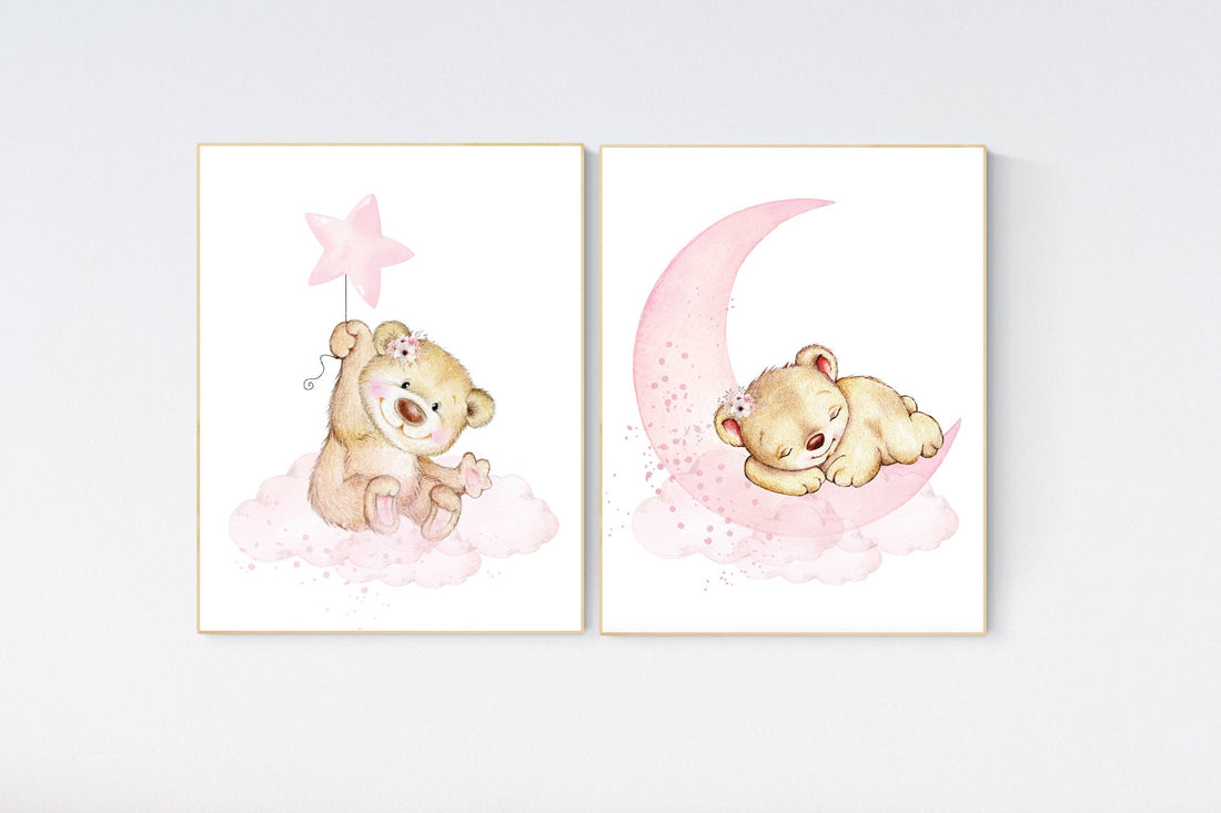 Pink girl room print, Nursery wall art bear, girl nursery decor animals, baby girl room, teddy bear, nursery art, girl room decor