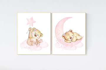 Pink girl room print, Nursery wall art bear, girl nursery decor animals, baby girl room, teddy bear, nursery art, girl room decor