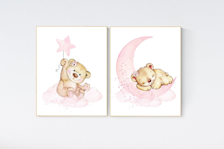 Pink girl room print, Nursery wall art bear, girl nursery decor animals, baby girl room, teddy bear, nursery art, girl room decor