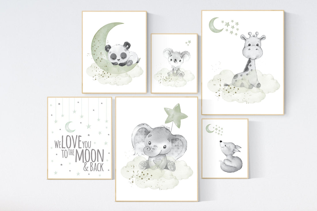 Animal nursery wall art, Nursery decor gender neutral, sage nursery, elephant, panda, giraffe, koala, animal prints nursery, sage green,