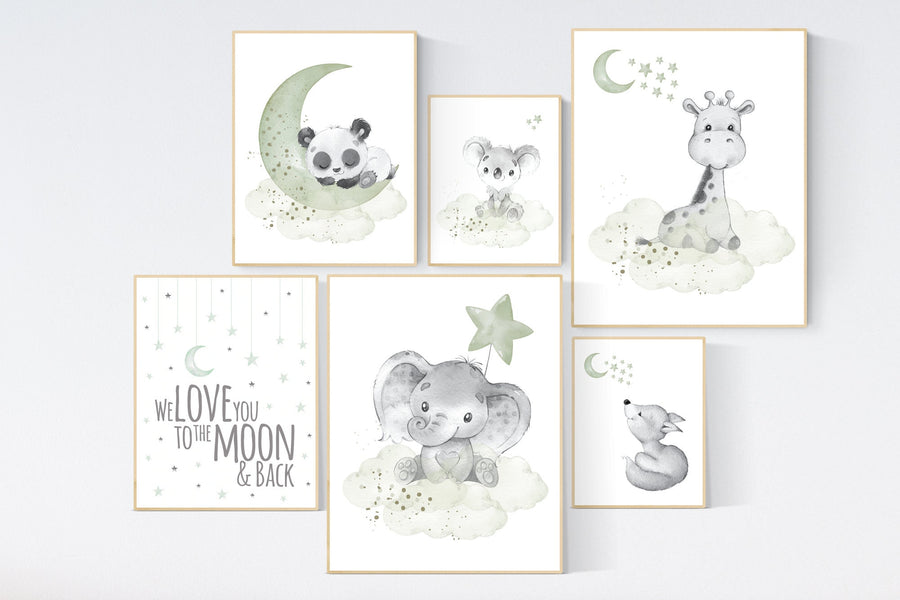 Animal nursery wall art, Nursery decor gender neutral, sage nursery, elephant, panda, giraffe, koala, animal prints nursery, sage green,