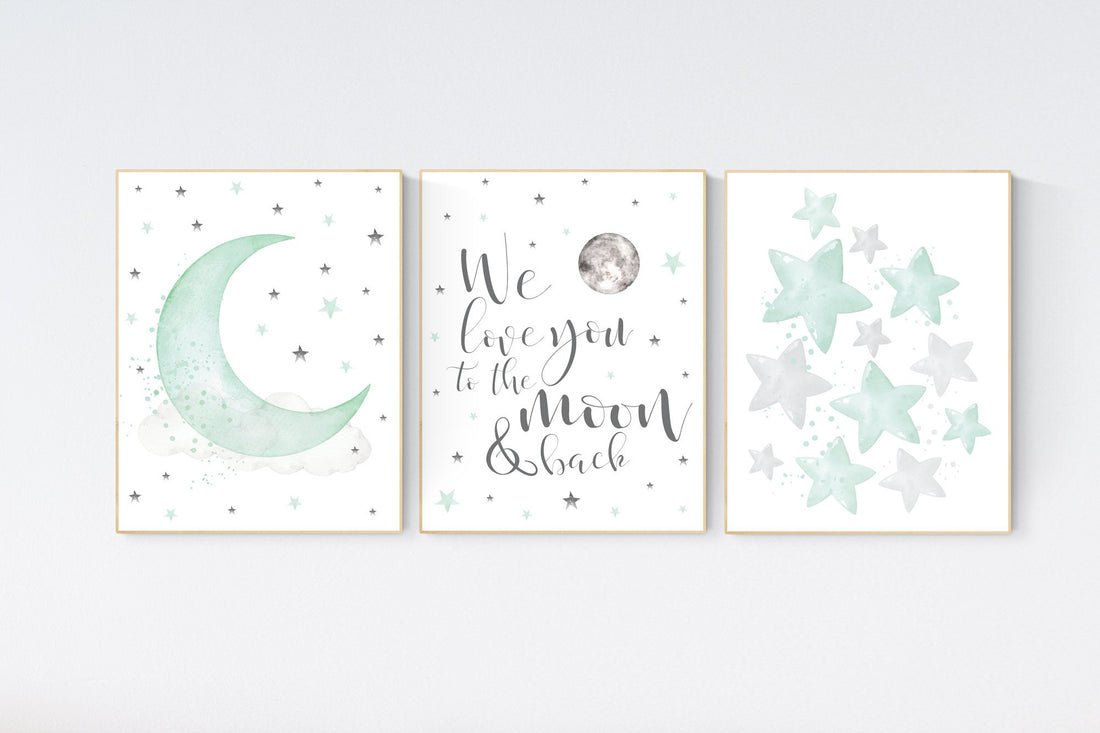 Mint nursery decor, gender neutral nursery, we love you to the moon and back, mint green, moon and stars, twin nursery wall decor