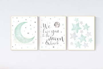 Mint nursery decor, gender neutral nursery, we love you to the moon and back, mint green, moon and stars, twin nursery wall decor