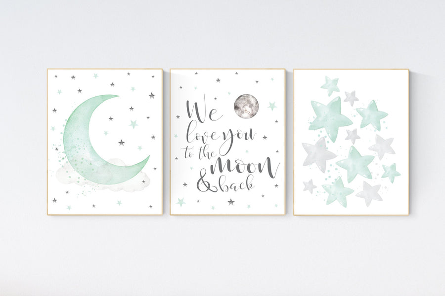 Mint nursery decor, gender neutral nursery, we love you to the moon and back, mint green, moon and stars, twin nursery wall decor