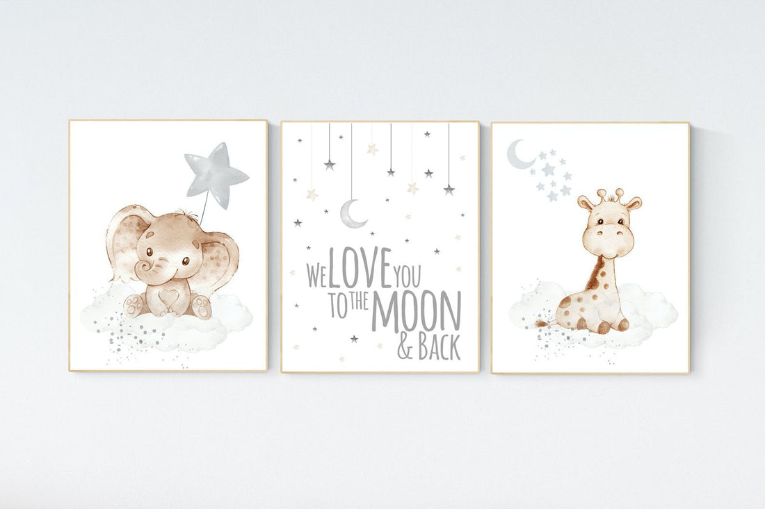 Nursery wall art animals, gray nursery, gender neutral nursery, neutral nursery, baby room decor, bear, elephant, giraffe, animal prints