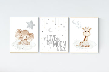 Nursery wall art animals, gray nursery, gender neutral nursery, neutral nursery, baby room decor, bear, elephant, giraffe, animal prints