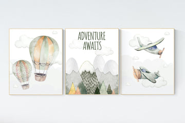 Nursery decor boy mountain, adventure nursery, travel theme nursery, woodland, gender neutral, explore, hot air balloon, sage green