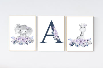 Boho nursery, navy and lilac, purple navy, elephant and giraffe, nursery decor girl purple, nursery decor girl floral, lavender navy