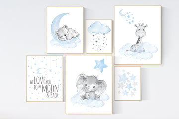 Nursery decor boy elephant, giraffe, boy nursery decor, moon and stars, baby nursery, boy nursery wall art, we love you to the moon and back