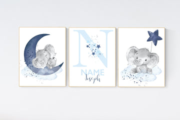 Nursery decor boy, navy blue nursery, elephant nursery, nursery wall art boy, nursery prints boy, set of 3, navy nursery, name nursery