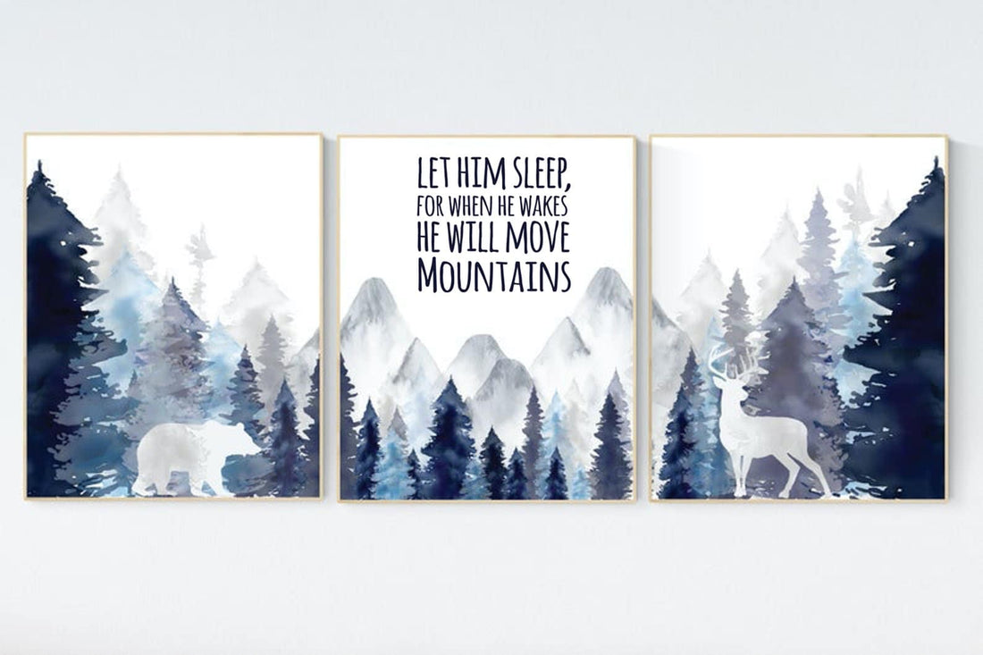 Nursery decor woodland, mountain wall art, tree nursery decor, adventure theme nursery, forest, navy and baby blue, woodland animals