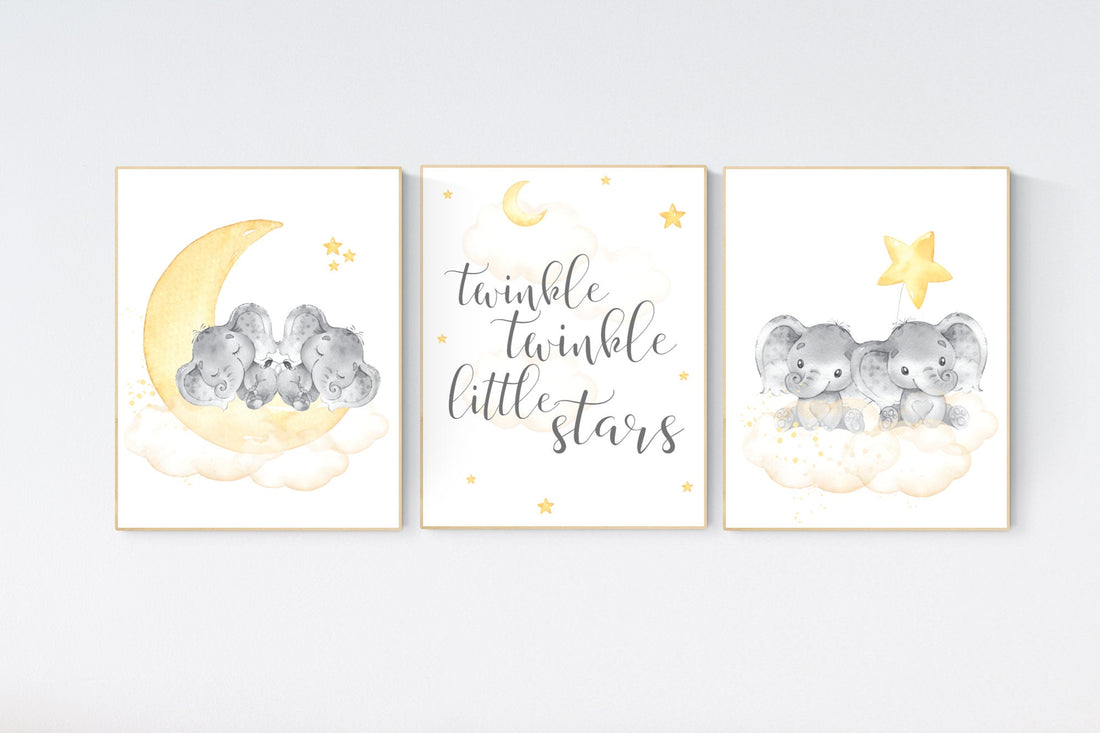 Twin nursery decor, yellow nursery, elephant nursery print, moon and stars, twin babies, nursery wall decor, twinkle twinkle little stars