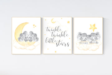 Twin nursery decor, yellow nursery, elephant nursery print, moon and stars, twin babies, nursery wall decor, twinkle twinkle little stars