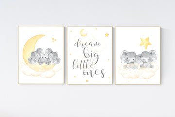 Twin nursery decor, yellow nursery, elephant nursery print, moon and stars, twin babies, nursery wall decor, dream big little ones