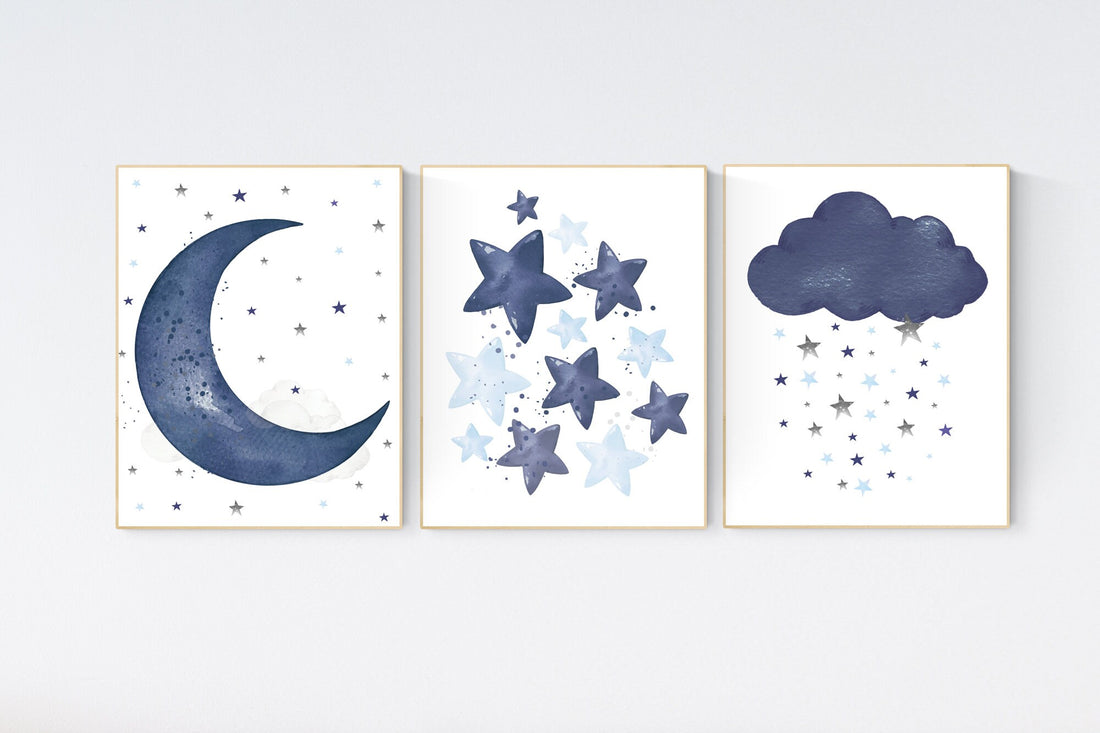 Navy nursery decor, cloud and stars, moon and stars, navy blue nursery art. baby room wall art, boy nursery decor, set of 3, nursery art